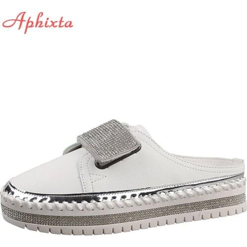 Aphixta Luxury Crystals Half Slippers Women Leather Womens Shoes Outside Fashion Platform Slippers For Women