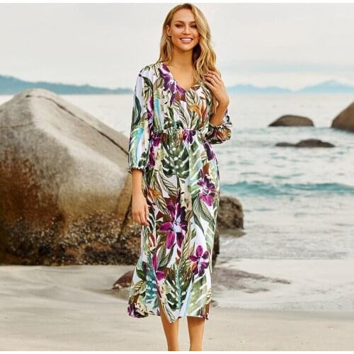 Bikini Cover-Ups Bohemian Print V-Neck Summer Dress Beach Tunic Women Beachwear Kaftan Swimsuit