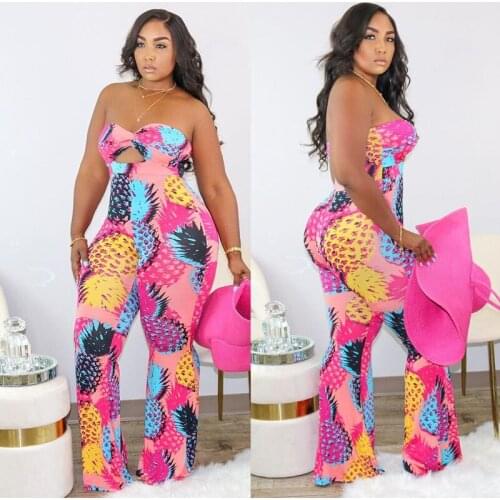 BKLD 2020 New 5XL Plus Size For Women Clothes Pineapple Printed Strapless Tube Top Hollow Out Pink Jumpsuit Sexy Clubwear Outfit