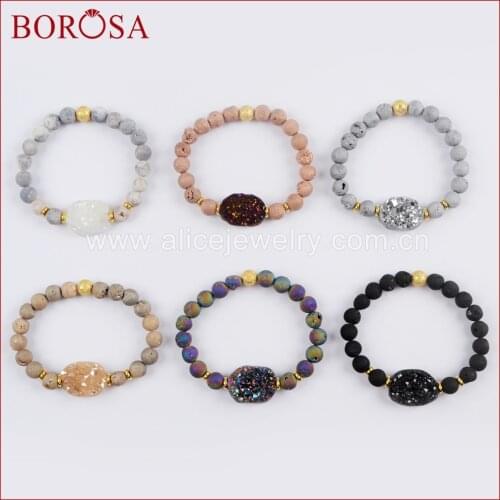 BOROSA Free Shipping 5pcs Titanium Rainbow Druzy With 8mm Druzy Beads Bracelet G1561