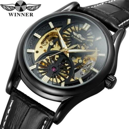 WINNER Automatic Mechanical Men Wristwatch Military Sport Male Clock Top Brand Luxury Leather Skeleton Waterproof Man Watch 011