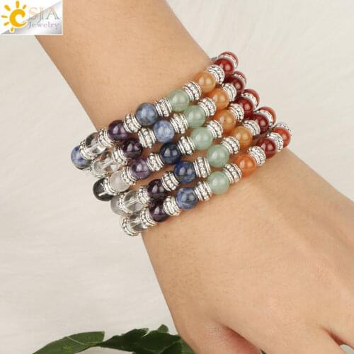 CSJA Reiki Natural Stone 7 Chakra Tree of Life Bracelet Mixed Colors Bead Balance Yoga Bangle for Women Men Healing Jewelry G166