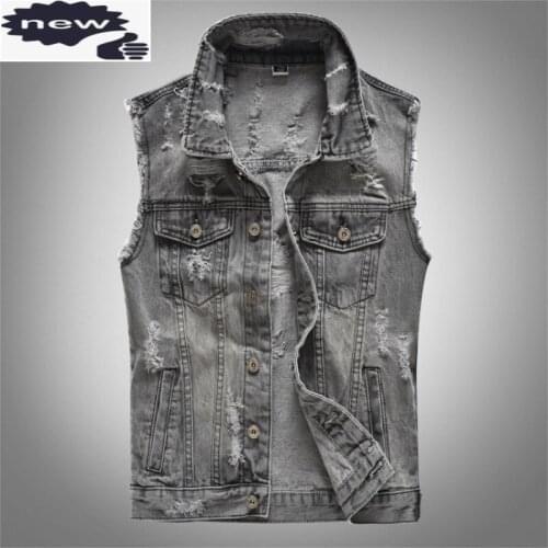 Spring Autumn Mens Hole Ripped Denim Vest Slim Fit Sleeveless Cowboy Jacket Plus Size 5XL Grey Male Vests Tops Outwear Waistcoat