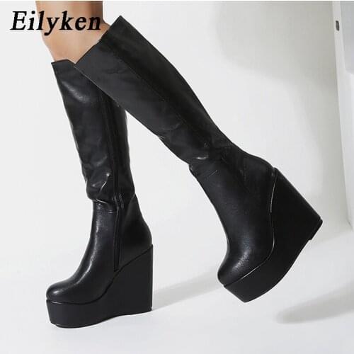 Eilyken Autumn Winter New Wedge Heels Knee High Boots Fashion PU Leather Round Toe Zip Women Black Platform Shoes Size 40