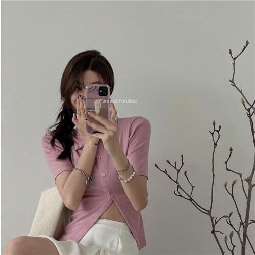 T-shirt Womens New Summer Design Cardigan Blue Knitted Short-sleeved Top Korean Hot Girl Short T-shirt