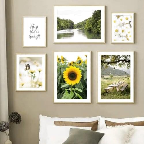 Natural Sunflower Daisy Flower Lake Path Wall Art Canvas Painting Nordic Posters And Prints Wall Pictures For Living Room Decor