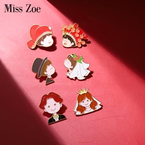 Chinese and Western Wedding Enamel Pins Custom Bride and Groom Brooch Lapel Badge Bag Cartoon Jewelry Gift for Couples Friends