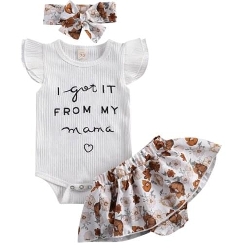 3Pcs Baby Girls Clothes Set Suit Letter Printed Short Fly Sleeve Triangle Knitted Romper with Printed Short Skirt and Headband