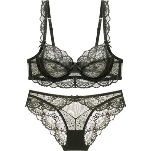 Sexy Lace Ultra Thin Transparent Bra and Panties Set Large Size Underwear Set Lingerie Women Brassieres A B C D E Cup 95C 95D