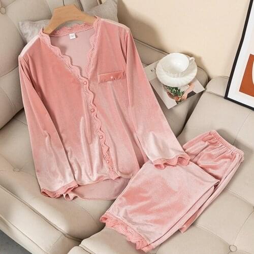 Fdfklak 2 Pieces Pajamas Sets For Women Gold Velvet Warm Autumn Pyjama Femme V-Neck Sexy Sleepwear Soft Lingerie Nightwear