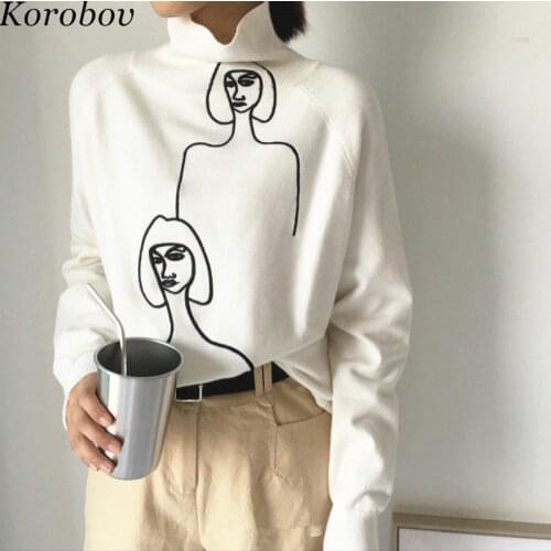 Korobov Korean Women 2020 New Sweaters Cartoon Embroidery Female Jumper Long Sleeve Pullover Turtleneck Mujer Sueter 76271