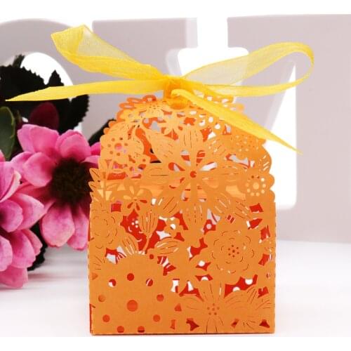 10pcs Laser Cut Hollow Flower Candy Boxes Wedding Party Favors Orange White Gifts Box with Ribbon for Baby Shower Birthday