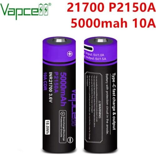 Vapcell li ion battery P2150A 21700 5000mah 10A button top 3.7V Type-c fast charge Rechargeable cell for flashlight power tools