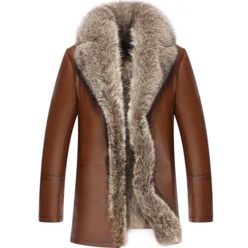 Men Large Raccoon Fur Collar Fur Coat Raccoon Fur Liner Sheepskin Genuine Leather Coats Outerwear Mid-Length Jacket ST15C8852
