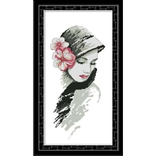 Joy Sunday Cross Stitch Kits DIY Elegant lady with flower hat Printed Chinese Embroidery Needlework for hanging in a living room