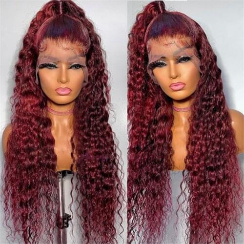 13X4 Human Hair Wigs #99j Burgundy Colored 4x4 Closure Brazilian Lace Frontal Wigs For Woman 200% 99j Remy Curly Lace Wigs