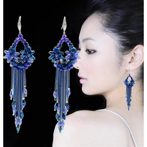 Luxury Handmade blue red Crystal Beaded Chain Dangle Drop Long Tassel Earrings For Women Bohemian Statement Jewelry