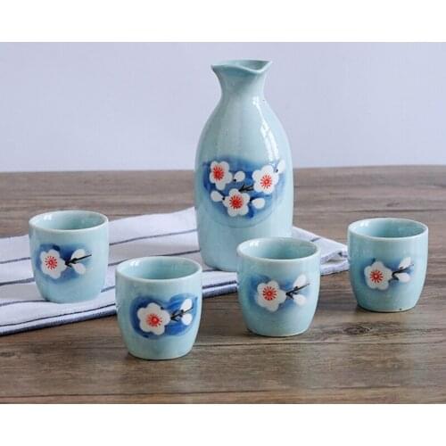 Blue cherry Japanese ceramic sake sakura wineware retro wine pot bottle cups gift box liqueur fine rice wine set wood tray plate