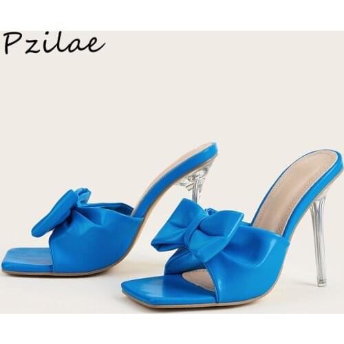 Pzilae New Slippers Women Sweet Bowtie Crystal Heel Slides Transparent High Heel Open Toe Outdoor Female Pumps Blue Summer Shoes