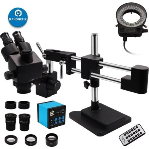 Double Arm Boom Stand Microscope 3.5X-90X Black Simul-Focal Trinocular Stereo Zoom Microscope Circuit board Soldering Microscope