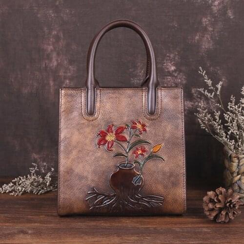 Womens Retro Handbag Luxury Tote Shoulder Bags for Women 2021 New Genuine Leather Handmade Embossed Vintage Lady Messenger Bag