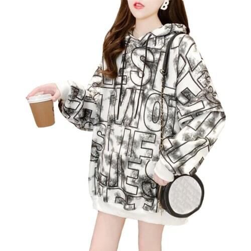 Whole Body Big Letters Harajuku Hooded Sweatshirt Women Winter Loose Versatile Coat Plush Thick Long Sleeve Hoodies Pullover
