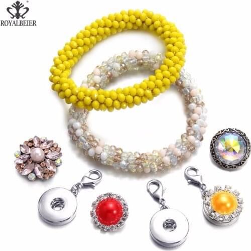 ROYALBEIER Newest Snap Button Trendy Elastic Bracelets Glass Beads Colofrul Charms Stretch Elastic Hair Rope Bracelet For Women