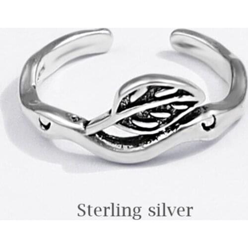 Sole Memory Retro Leaf Art Cute 925 Sterling Silver Female Resizable Opening Rings SRI846