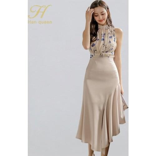 H Han Queen New 2 Pieces Set Women Summer Print Shirts Blouses And High Waist Split Ruffles Skirts Korean Chic Office Lady Suit