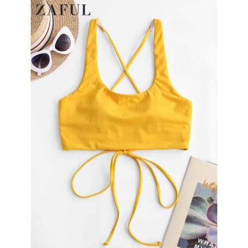 ZAFUL Criss Cross Bandage Bikini Top Solid Women Swimming Crop Top Sexy Padded Bralette Swimwear Female Bathing Suit