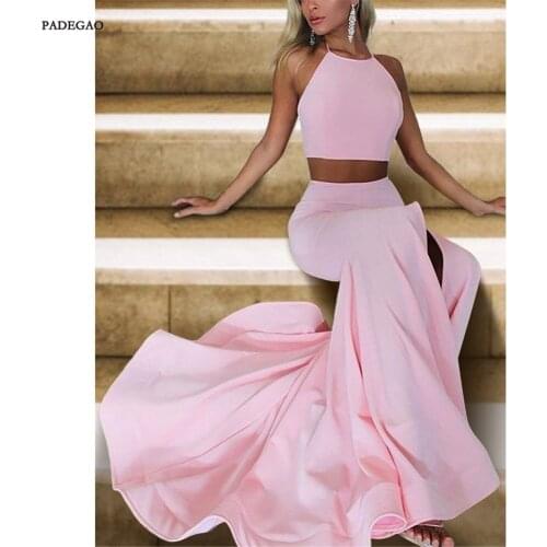 Hot Sale Pink Long Evening Dresses Mermaid Prom Dress Side Split Halter Two Piece Sweep Train Evening Dress Custom Made
