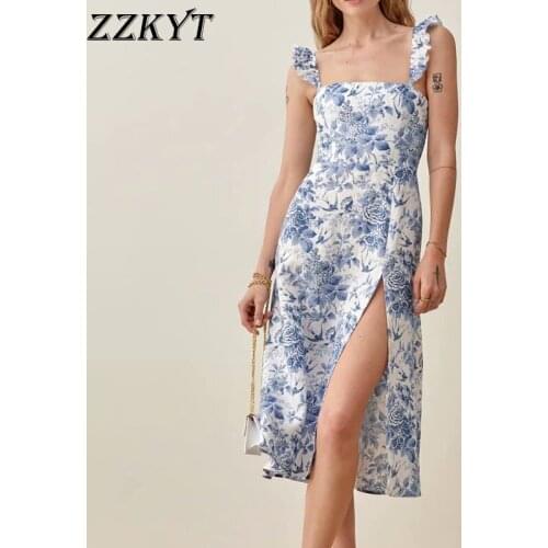ZZKYT 2021 Women Summer Vintage Floral Print Ruffles Straps Midi Dress Fashion Sleeveless Backless Female Slim Dresses Vestidos