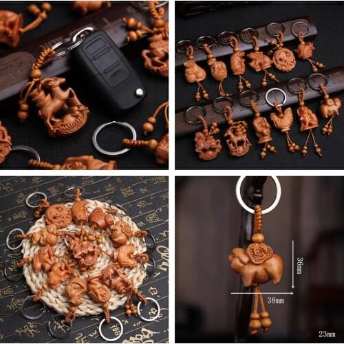 Natural Wood 12 Zodiac Keychain For Unisex Children Animal Monkey Sheep Snake Dragon Tiger Key Chains Key Ring