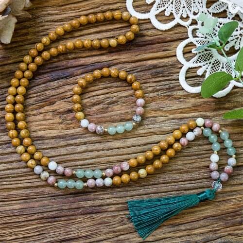 8mm Natural Green Aventurine Yellow Wood Grain Stone Red Plum Flower Beaded Necklace Meditation Yoga Jewelry Set 108 Mala Rosary