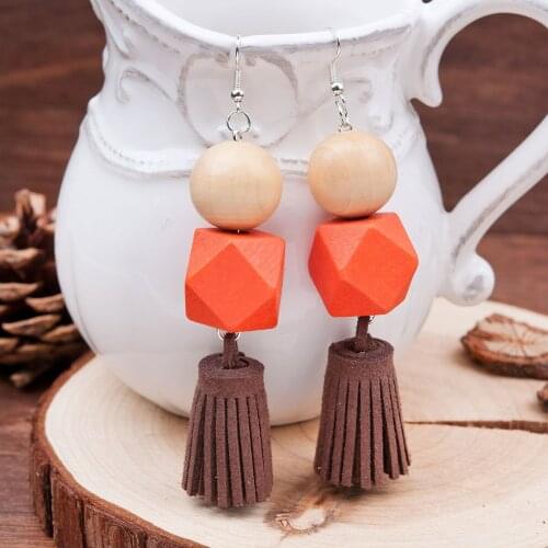 8Seasons Velvet Suede Dark Coffee Tassel Earrings Silver color Wood Natural Orange Beads Varnish 95mm x 26mm Hot new