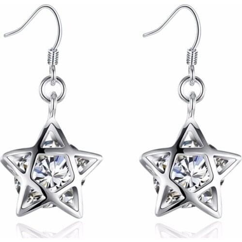 Free Shipping 925 sterling silver hollow five-pointed star clip black zircon earrings fashion womens star jewelry