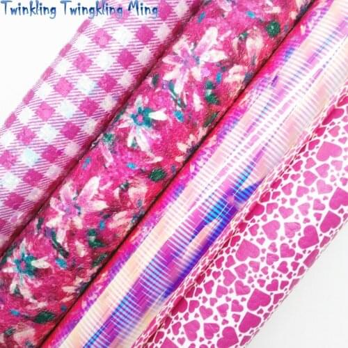 Rose Flowers Plaids Printed Chunky Glitter Leather, Iridescent Stripes Synthetic Faux leather 21x29CM Twinkling Ming KM481