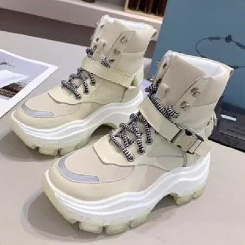 Boots Women winter Flat Platform Woman Shoes Round Toe Casual Shoes Women Leather Snow Shoes Ankle Patchwork Lace-Up Boots New