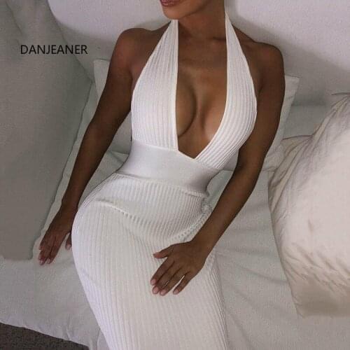 DANJEANER 2019 Sexy Deep V Neck Backless Off Shoulder Bandage Dress Women Solid Bodycon Party Dress Plus Size Long Dresses
