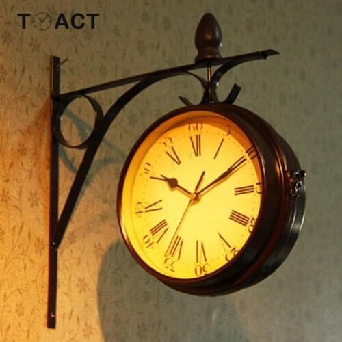 European Retro Double Sided Wall Clock Double-sided Hanging Clocks Living Room Home Decoration Silent Needle Quartz Wall Watch
