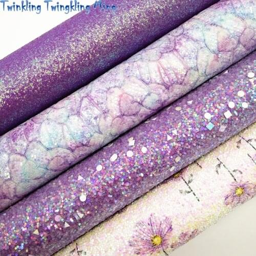 Purple Chunky Glitter leather, Flowers Printed Faux Leather, Fine Glitter Leather For Bow A4 21x29CM Twinkling Ming KM118