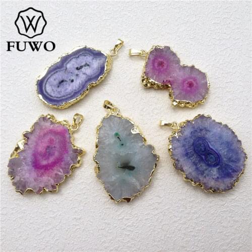 FUWO Natural Irregular Stalactite Agates Slice Pendant With 24K Gold Filled Edge Fashion Sun Flower Quartz Stone Wholesale PD192
