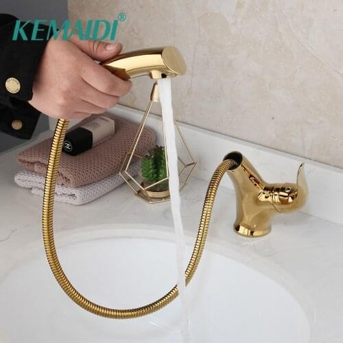 KEMAIDI Bathroom Basin Mixer Tap Pull Out Kitchen Faucet Deck Mounted 1 Handle Tap Gold Polished Rotated