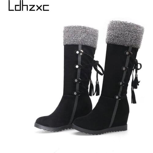 LDHZXC Classic Women Knee High Boots Wedges High Heels Long Warm Plush Snow Boots Quality High Boots Long Shoes Woman