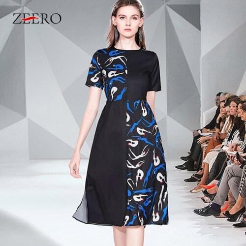 Summer Women Black Cartoon Prinr Patchwork O Neck Midi Dress Elegant Ladies Casual Slim Chiffon Evening Party Dresses Plus Size