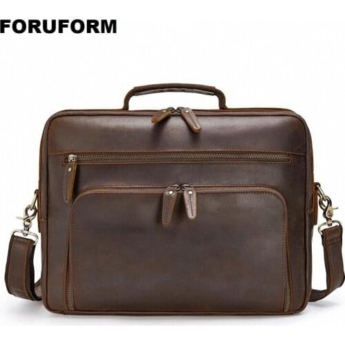 Mens Briefcase Bag Mens Crazy Horse Genuine Leather Laptop Bag Business Tote For Document Office Portable Laptop Shoulder Bag