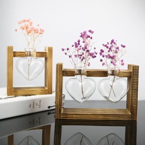 New Wooden Frame Glass Vase Hydroponic Plant Vase Vintage Flower Pot Table Desktop Bonsai Heart Shape Home Decoration Party Gift