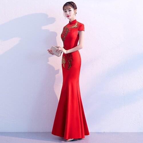 2019 new Sexy lace Standing collar flower bird Embroidery Improved cheongsam Qipao Evening Dress Party Dress Vestidos