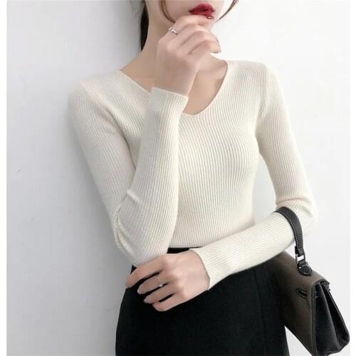 New Knitted Jumper Autumn Winter Tops Slim v-neck Pullovers Casual Sweaters Women Knitted bottoming shirt Long Sleeve 2021