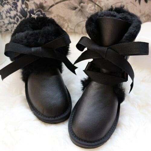 Natural Sheepskin Boots Woman Black Genuine Leather Snow Boots Sheep Fur Winter Lace-up Boots Waterproof Female Flats Warm Shoes